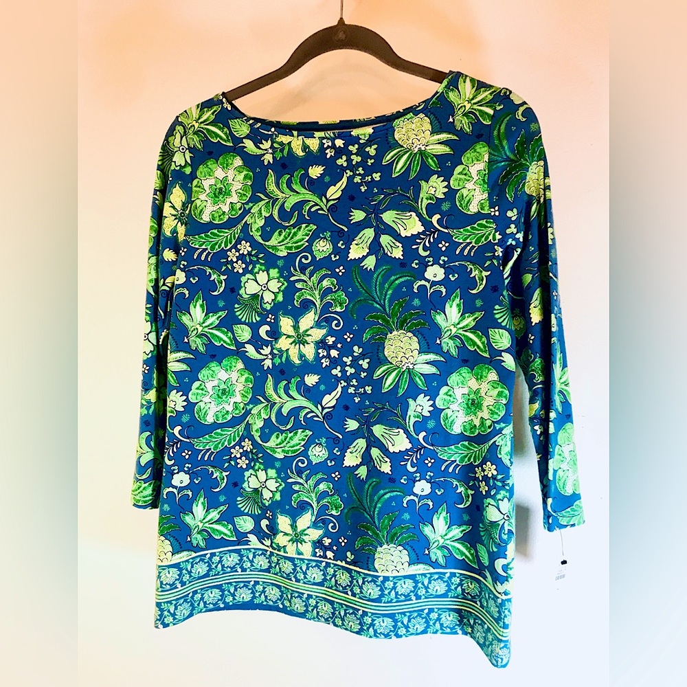 NWT Talbots Tee Blue & Green Floral Boatneck Top